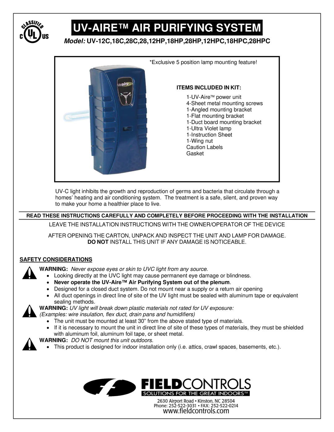 Field Controls UV-28C, UV-18HPC, UV-18C, UV-12HPC installation instructions Items Included in KIT, Safety Considerations 