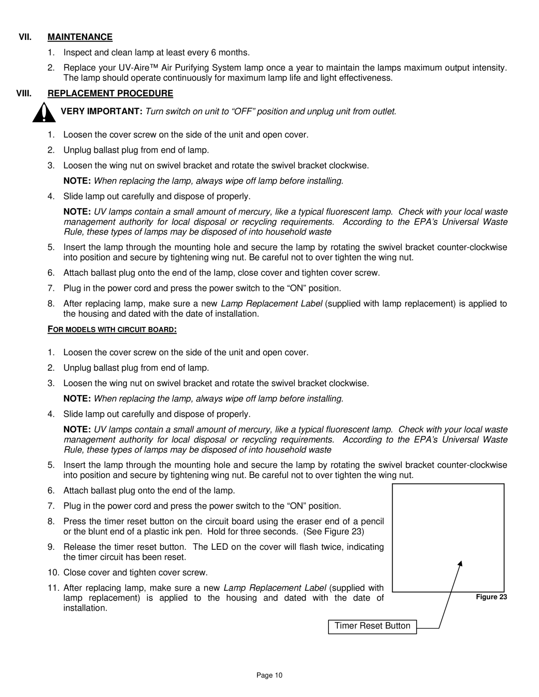 Field Controls UV-18HPC, UV-28C, UV-18C, UV-12HPC, UV-28HPC, UV-12C VII. Maintenance, VIII. Replacement Procedure 