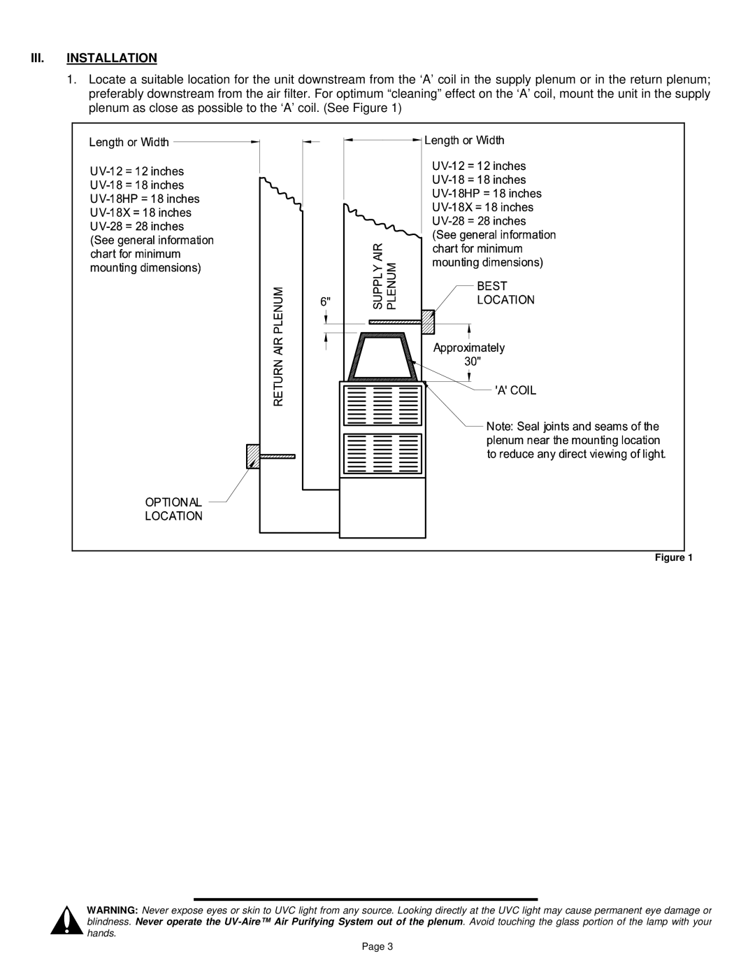 Field Controls UV-18HPC, UV-28C, UV-18C, UV-12HPC, UV-28HPC, UV-12C installation instructions III. Installation 