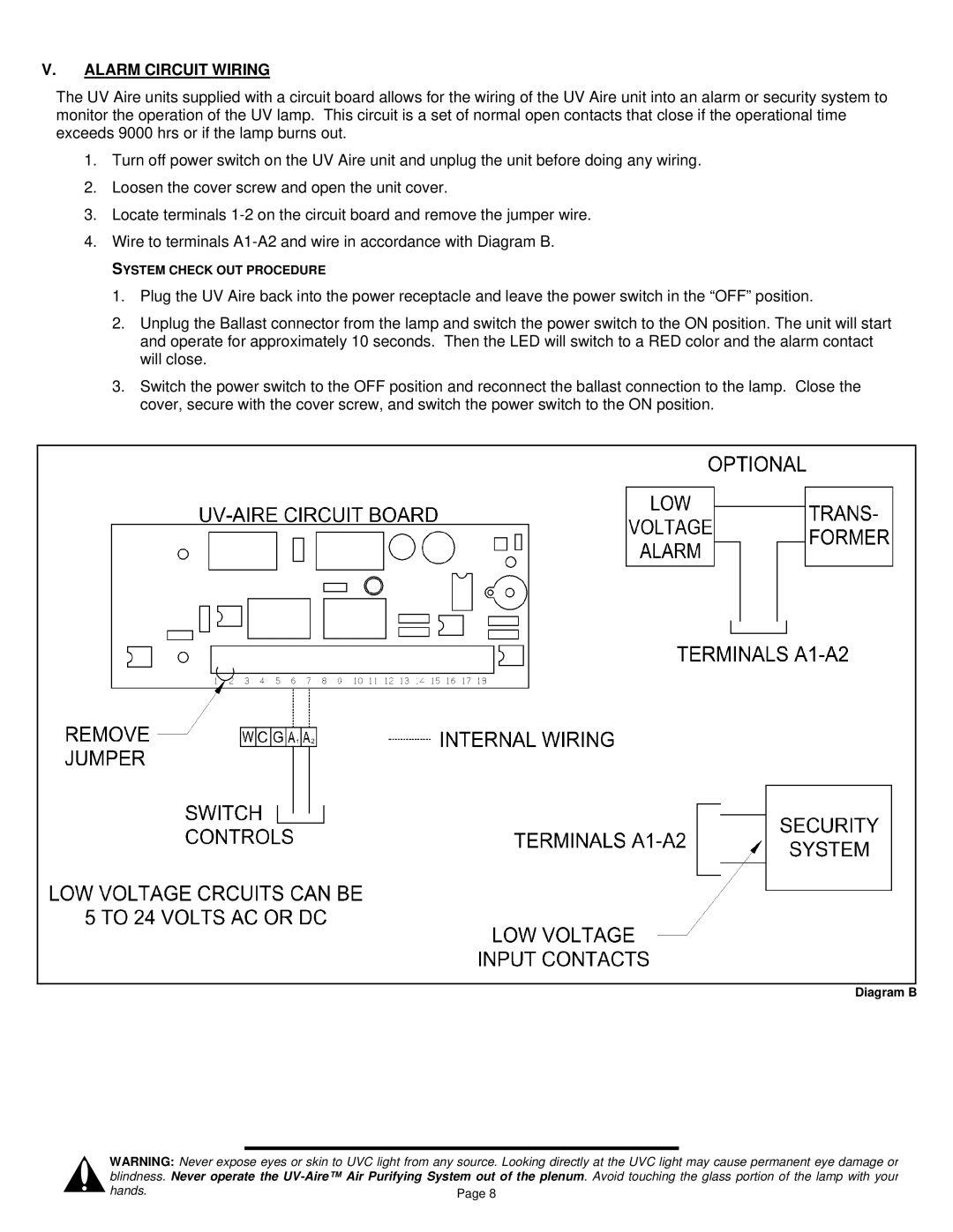 Field Controls UV-18HPC, UV-28C, UV-18C, UV-12HPC, UV-28HPC, UV-12C installation instructions Alarm Circuit Wiring 