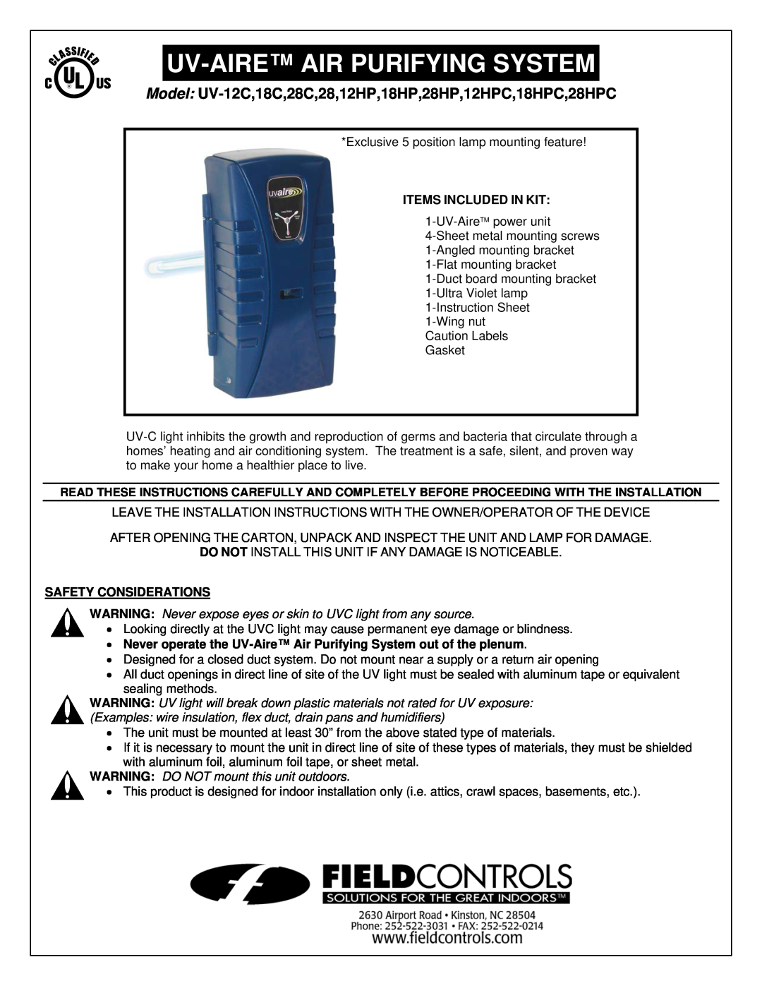 Field Controls UV-28C installation instructions Items Included In Kit, Safety Considerations, Uv-Aireair Purifying System 