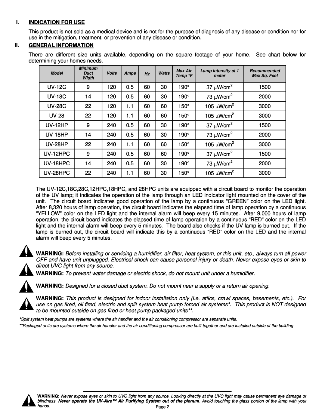 Field Controls UV-18HPC, UV-28C, UV-18C, UV-12HPC, UV-28HPC, UV-12C I.Indication For Use, Ii.General Information 