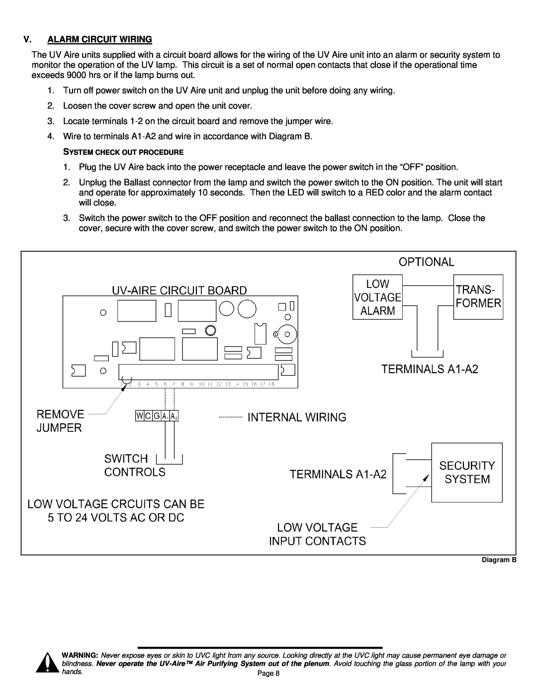 Field Controls UV-18HPC, UV-28C, UV-18C, UV-12HPC, UV-28HPC, UV-12C installation instructions V.Alarm Circuit Wiring 