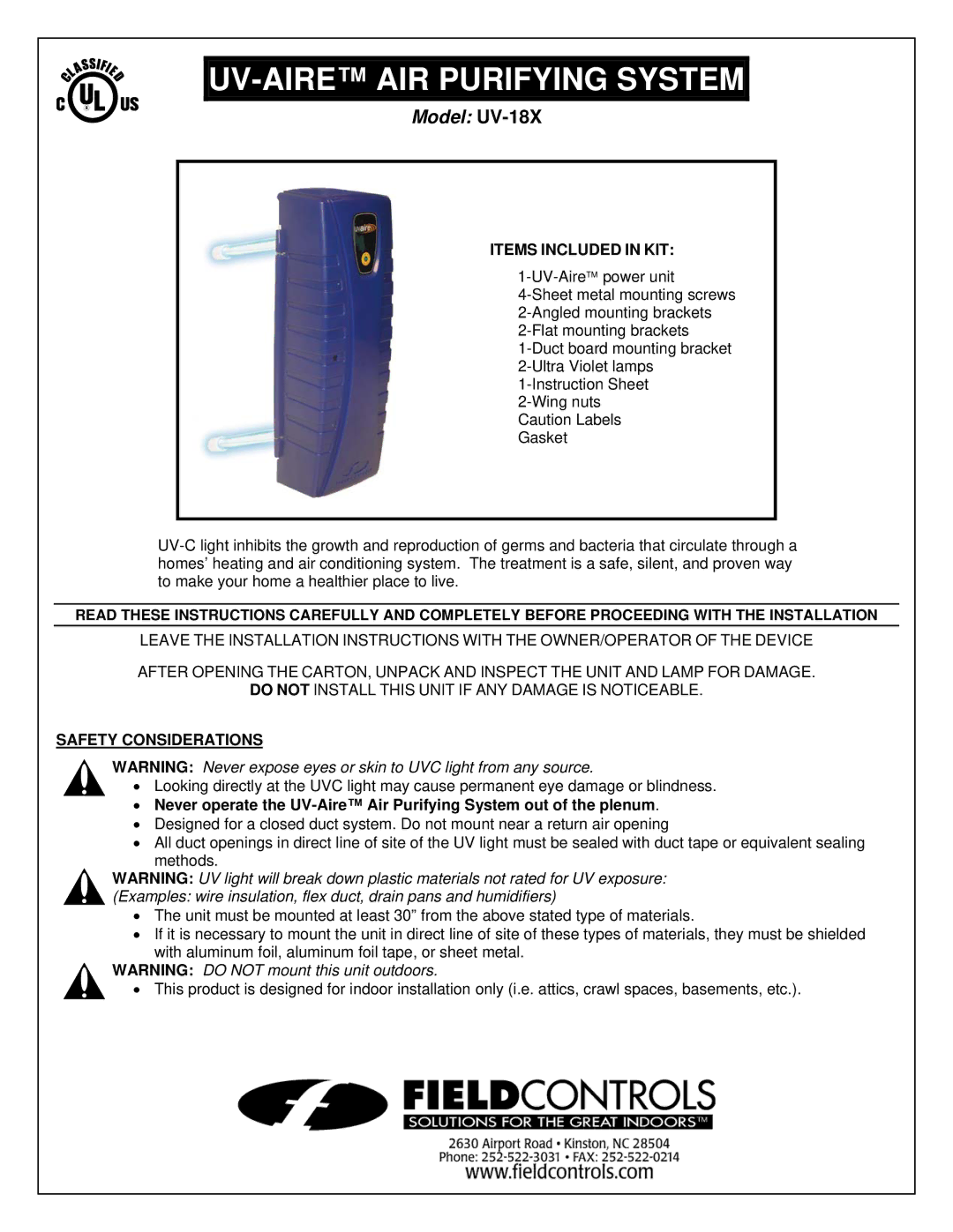 Field Controls UV-18X installation instructions Items Included in KIT, Safety Considerations 