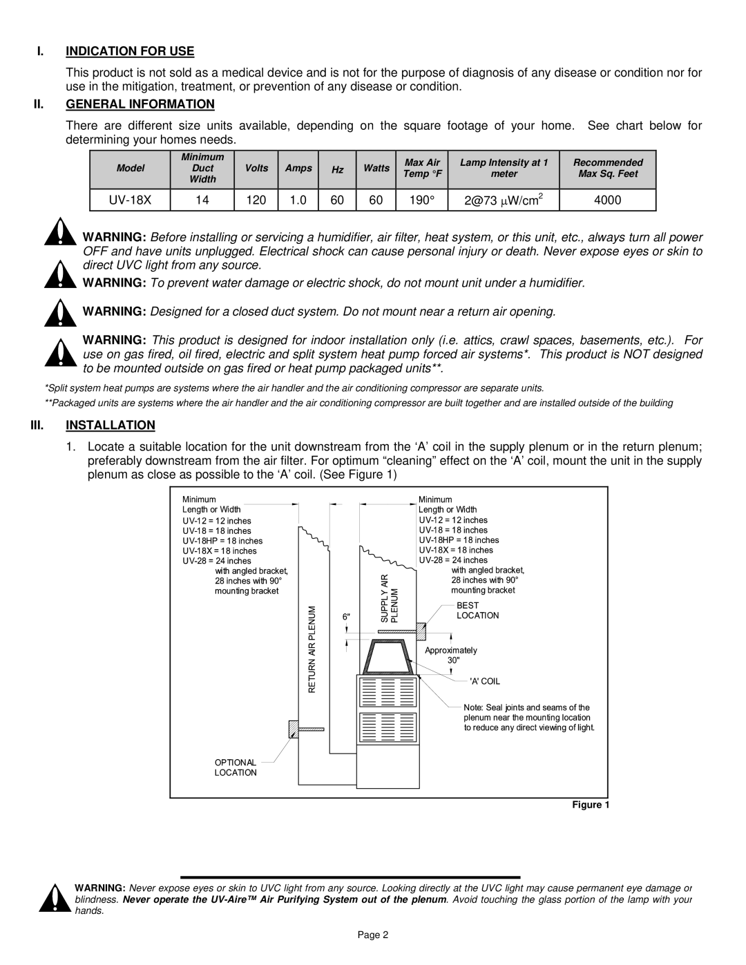 Field Controls UV-18X installation instructions Indication for USE, II. General Information, III. Installation 