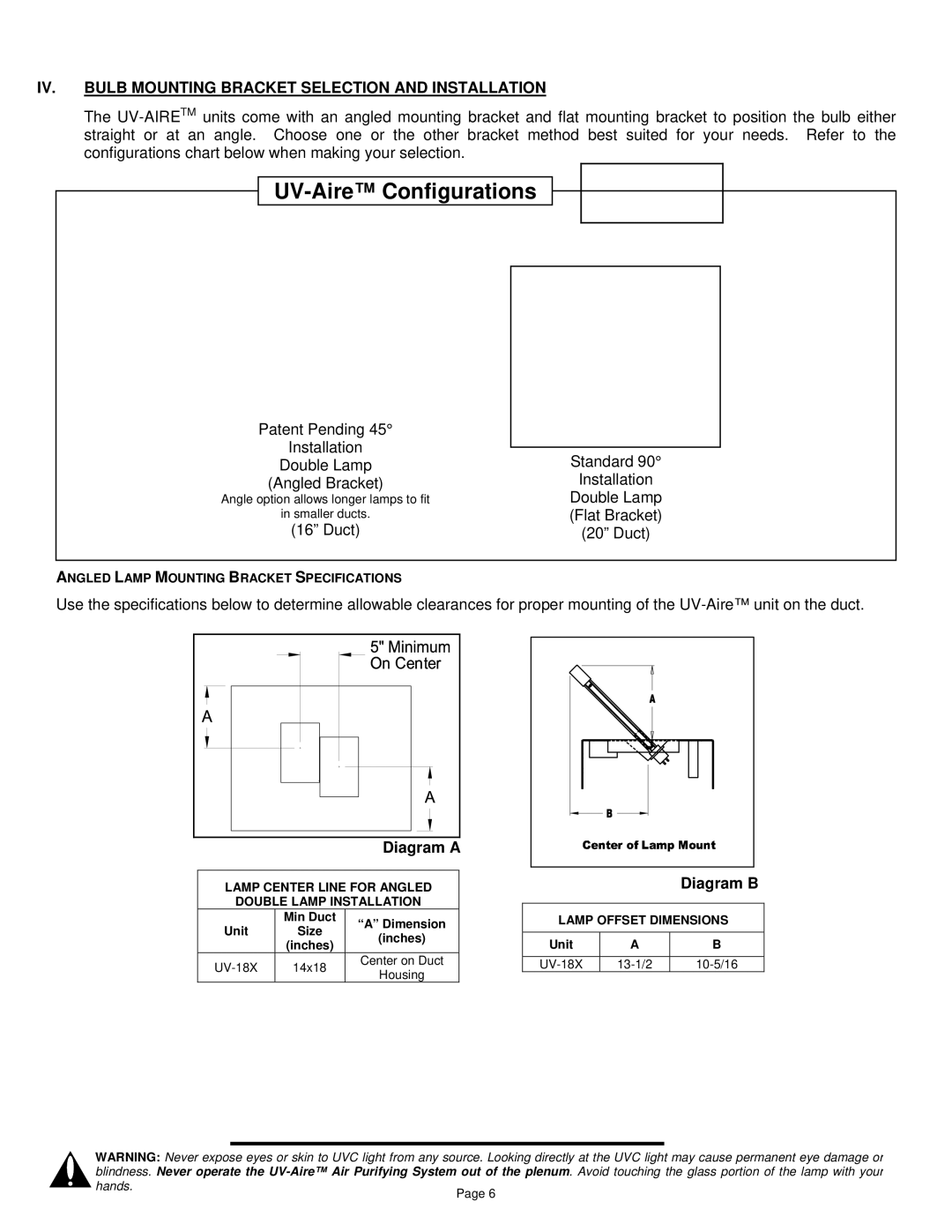 Field Controls UV-18X installation instructions IV. Bulb Mounting Bracket Selection and Installation, Diagram a, Diagram B 