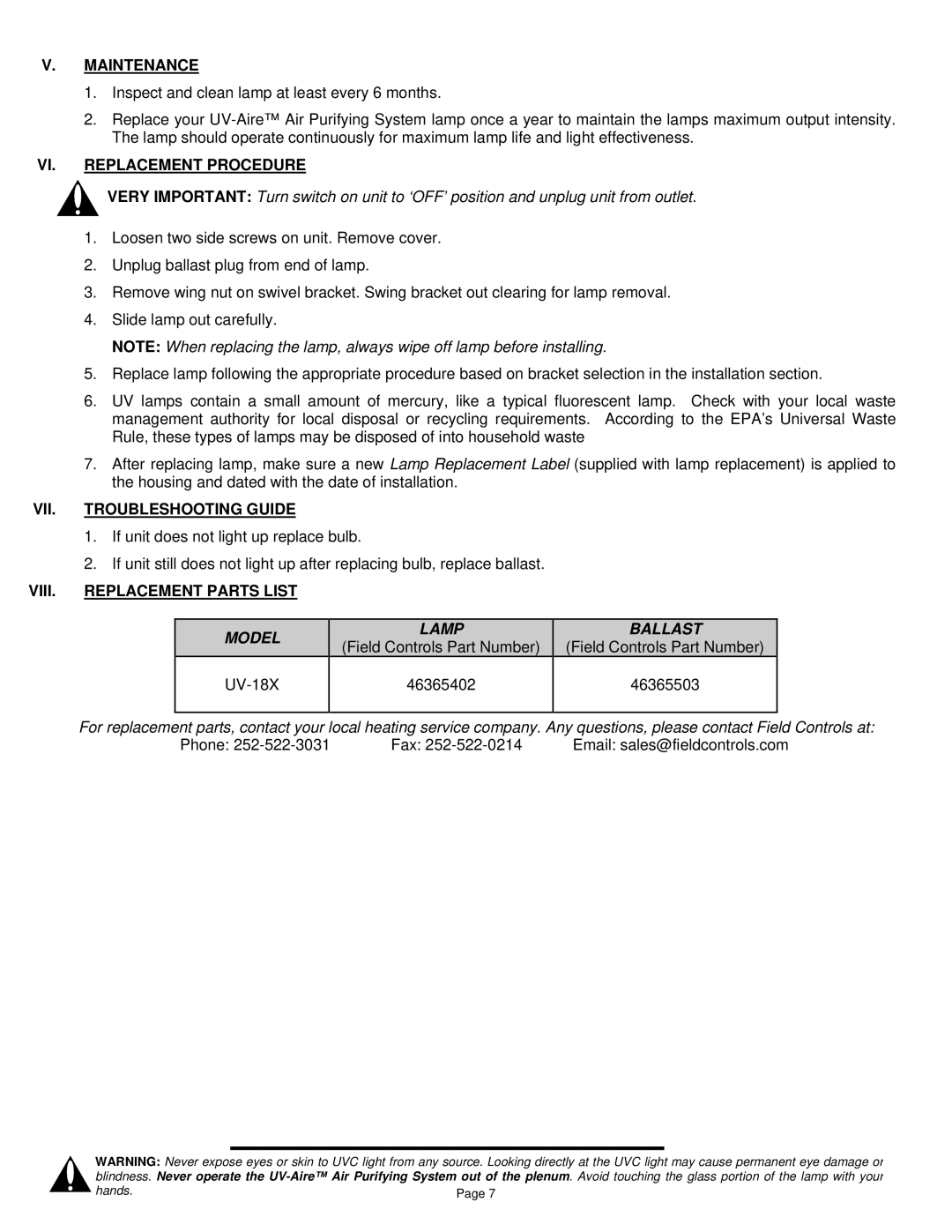 Field Controls UV-18X Maintenance, VI. Replacement Procedure, VII. Troubleshooting Guide, VIII. Replacement Parts List 