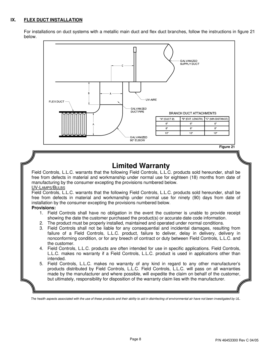 Field Controls UV-18X installation instructions IX. Flex Duct Installation, Provisions 