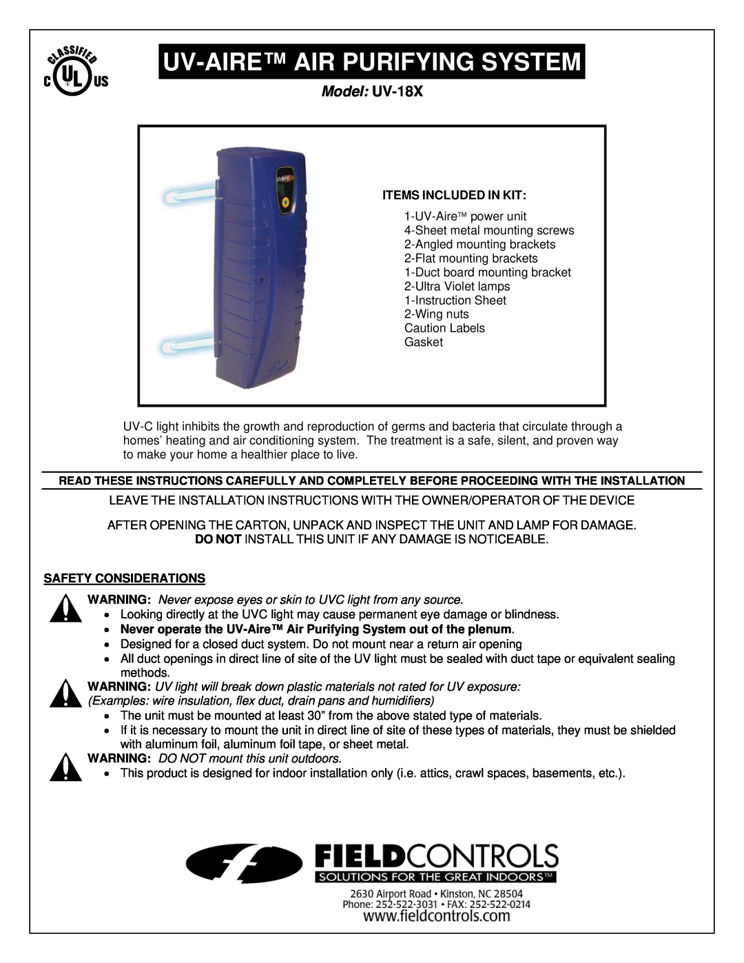 Field Controls UV-18X installation instructions Items Included In Kit, Safety Considerations, Uv-Aireair Purifying System 