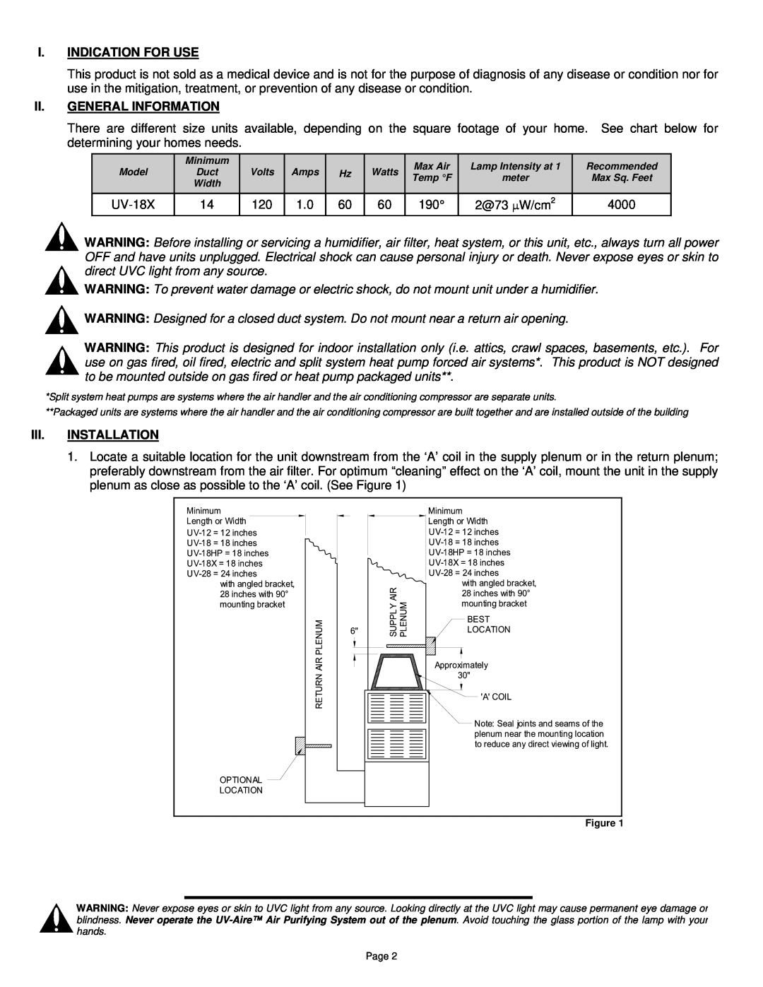 Field Controls UV-18X installation instructions I.Indication For Use, Ii.General Information, Iii.Installation 