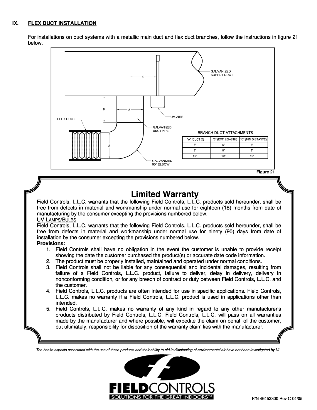Field Controls UV-18X installation instructions Ix. Flex Duct Installation, Provisions, Limited Warranty 