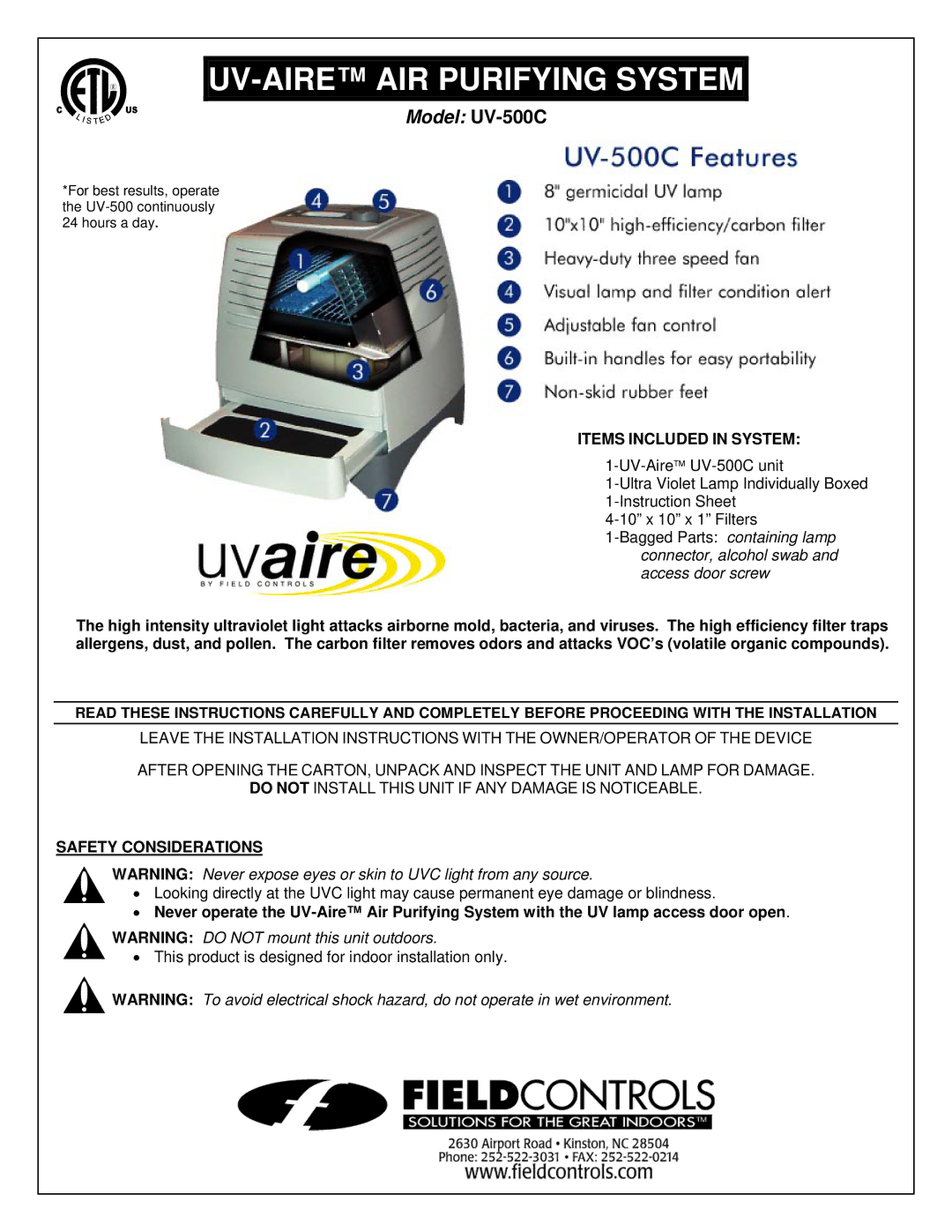 Field Controls UV-500C installation instructions Items Included in System, Safety Considerations 