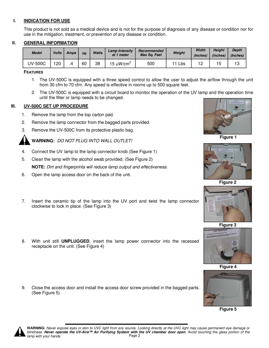 Field Controls installation instructions Indication for USE, General Information, UV-500C SET UP Procedure 