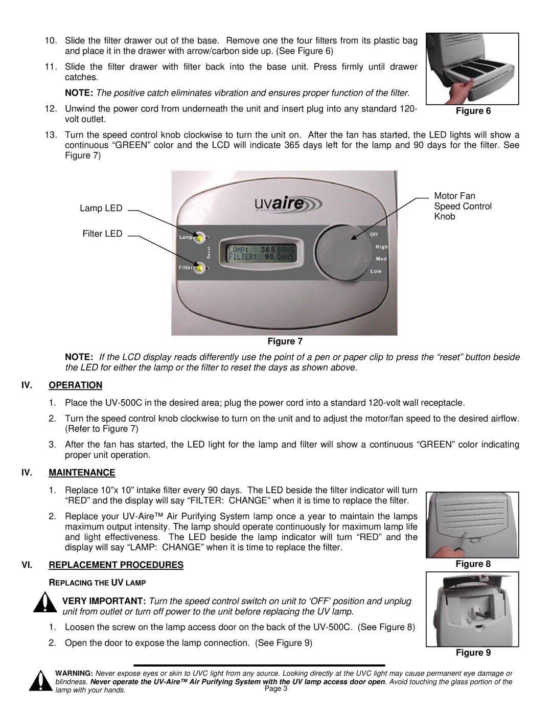 Field Controls UV-500C installation instructions IV. Operation, IV. Maintenance, VI. Replacement Procedures 