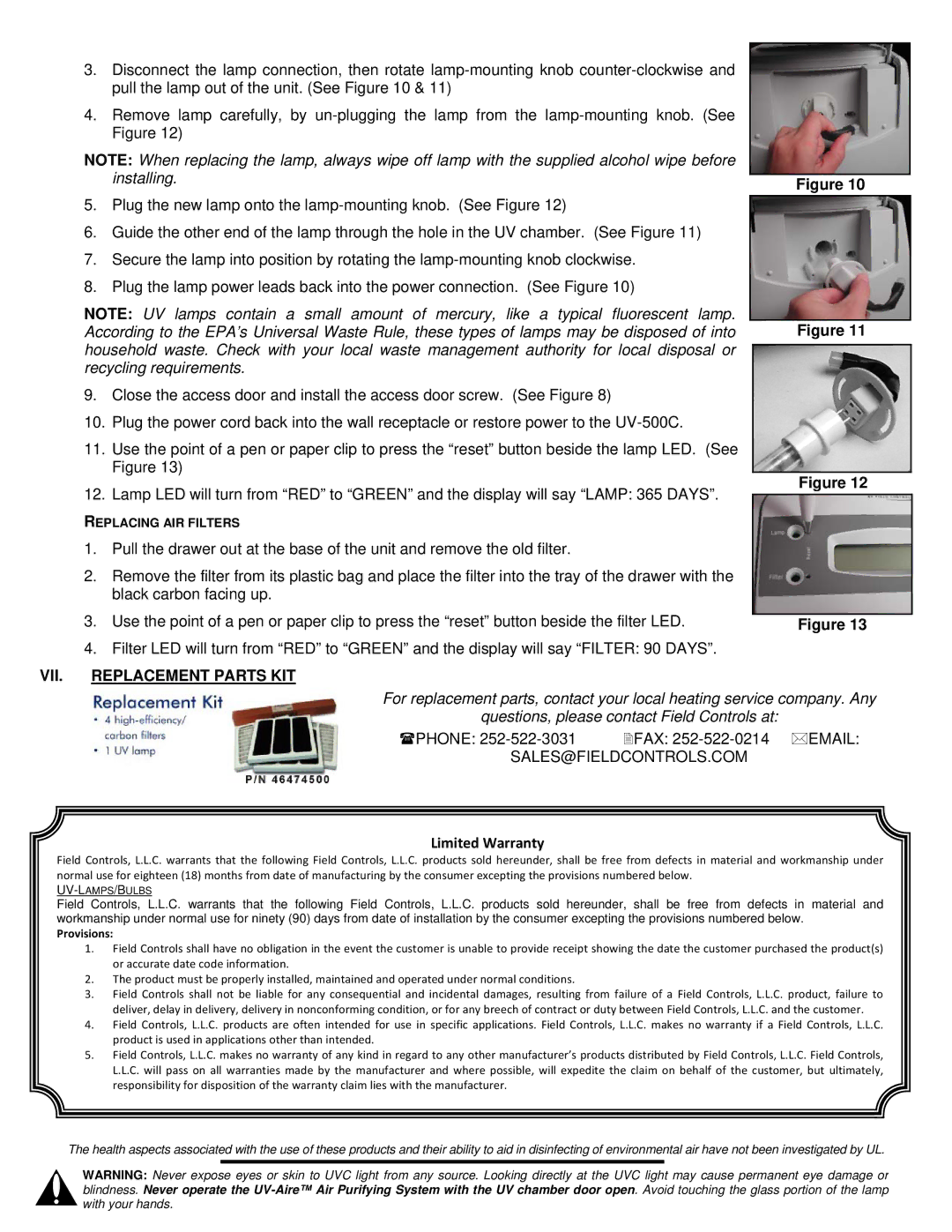 Field Controls UV-500C installation instructions VII. Replacement Parts KIT, Limited Warranty 