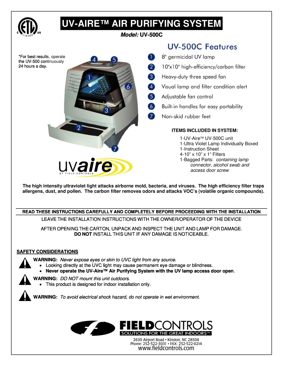 Field Controls installation instructions Uv-Aireair Purifying System, Model UV-500C 