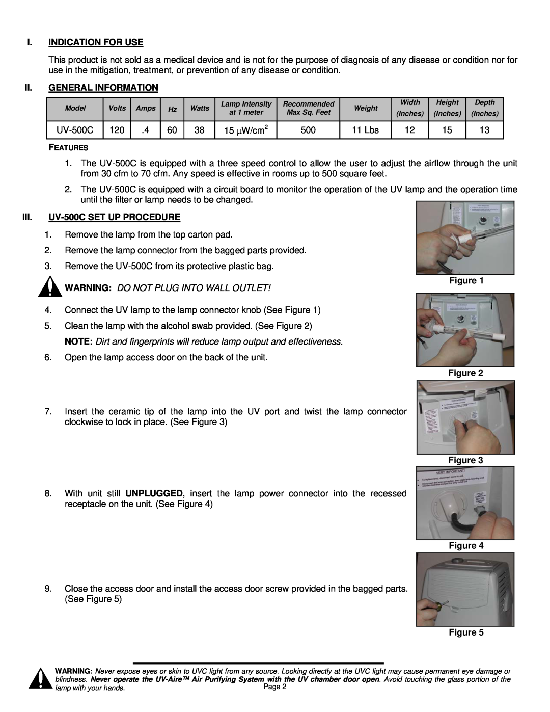 Field Controls installation instructions I.Indication For Use, General Information, UV-500CSET UP PROCEDURE 
