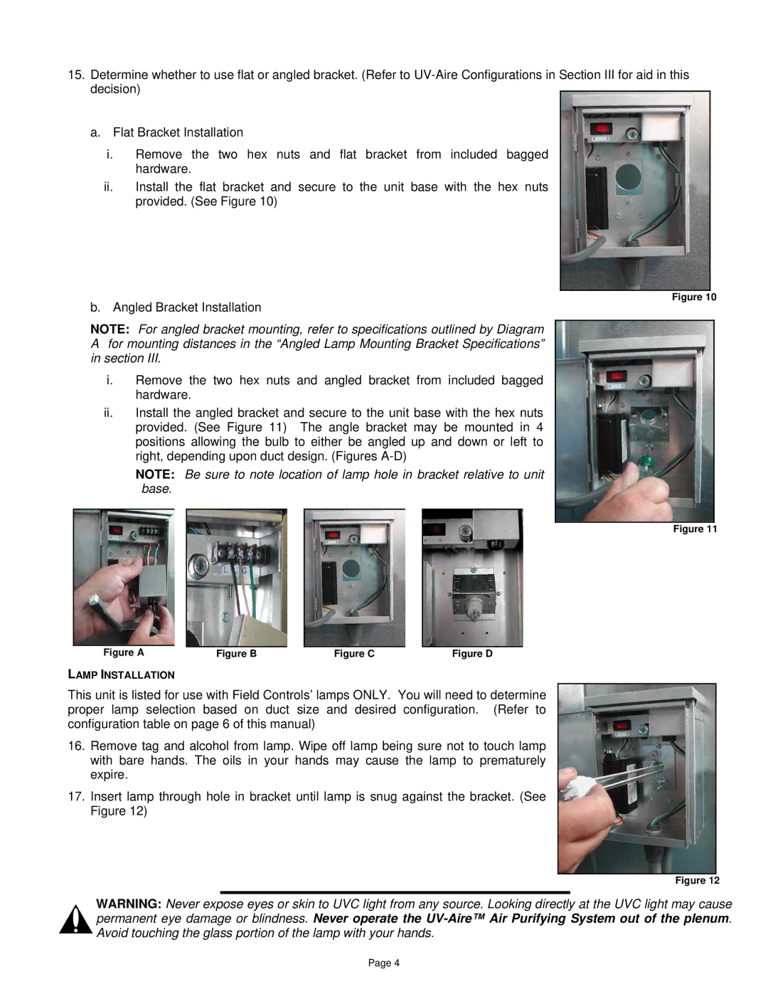 Field Controls UV-E installation instructions Lamp Installation 