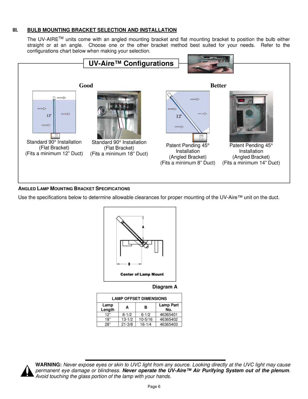 Field Controls UV-E installation instructions III. Bulb Mounting Bracket Selection and Installation, Diagram a 