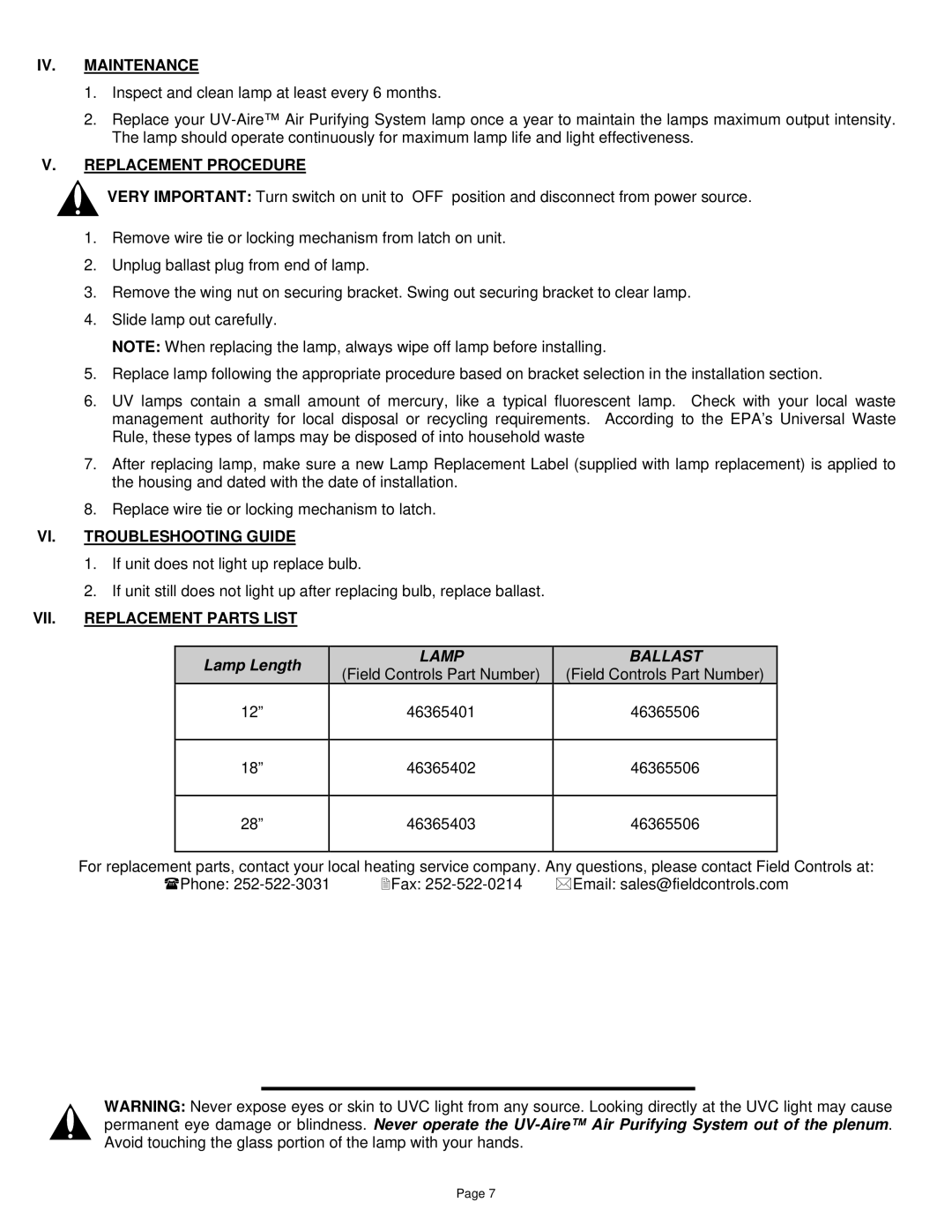 Field Controls UV-E IV. Maintenance, Replacement Procedure, VI. Troubleshooting Guide, VII. Replacement Parts List 