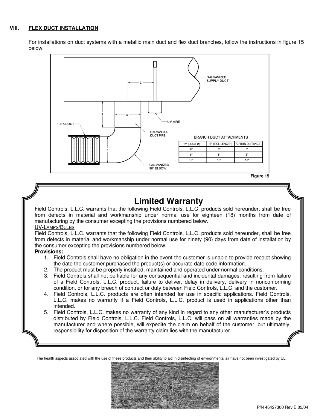 Field Controls UV-E installation instructions VIII. Flex Duct Installation, Provisions 