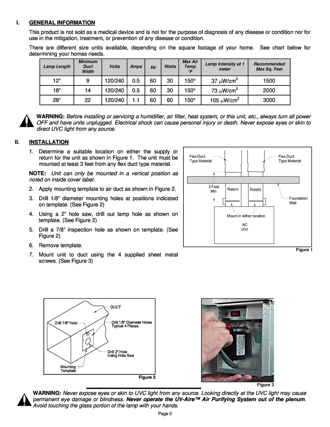 Field Controls UV-E installation instructions I.General Information, Ii.Installation 