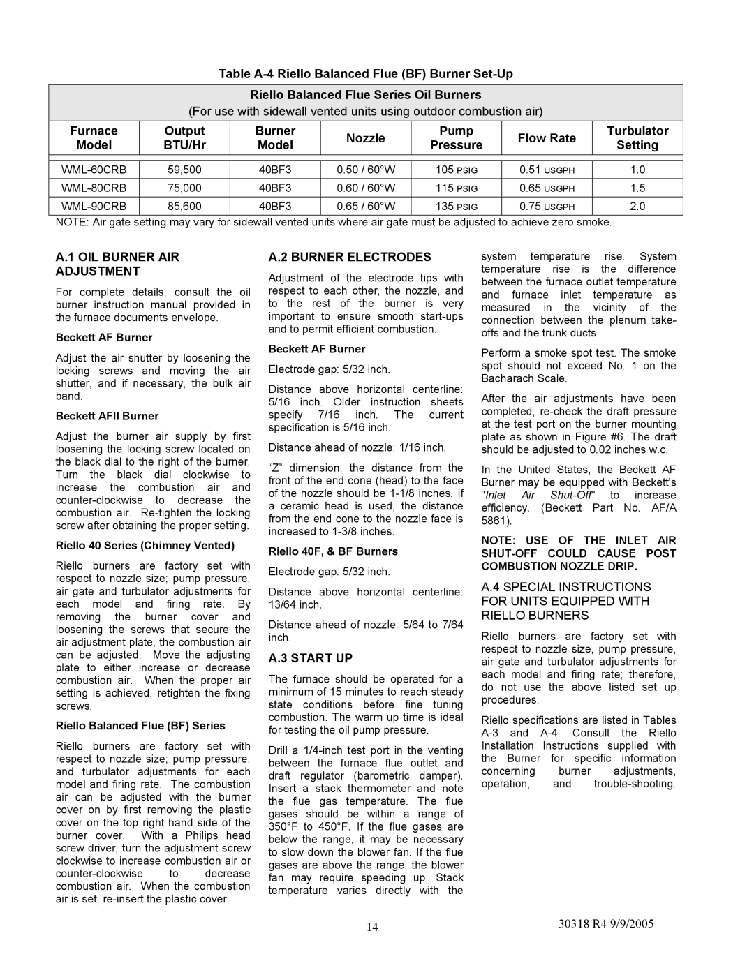 Field Controls WML-C, MPL-B manual OIL Burner AIR Adjustment, Burner Electrodes, Start UP 