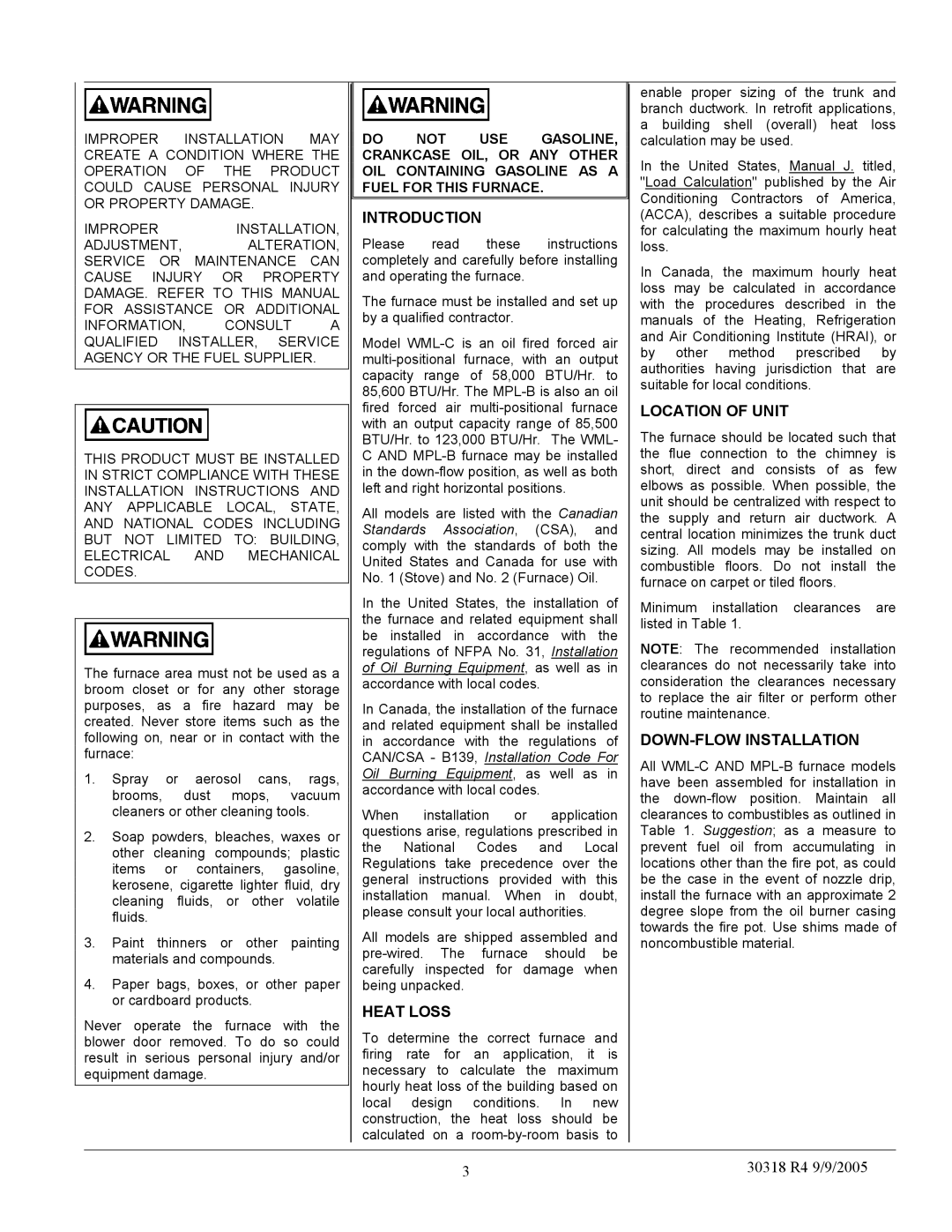 Field Controls MPL-B, WML-C manual Introduction, Heat Loss, Location of Unit, DOWN-FLOW Installation 