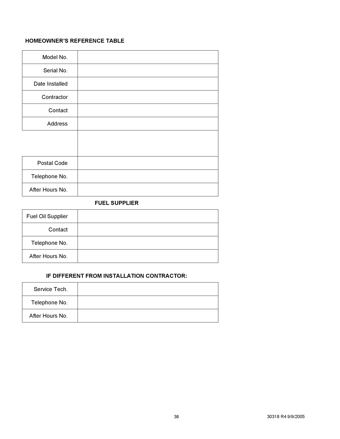 Field Controls WML-C, MPL-B manual HOMEOWNER’S Reference Table, Fuel Supplier, If Different from Installation Contractor 