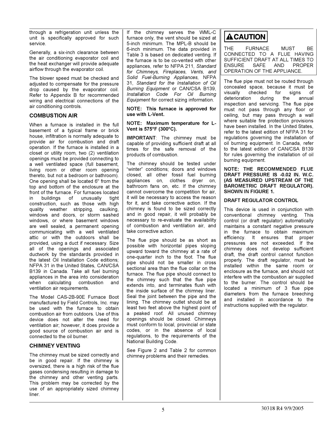 Field Controls MPL-B, WML-C manual Combustion AIR, Chimney Venting 