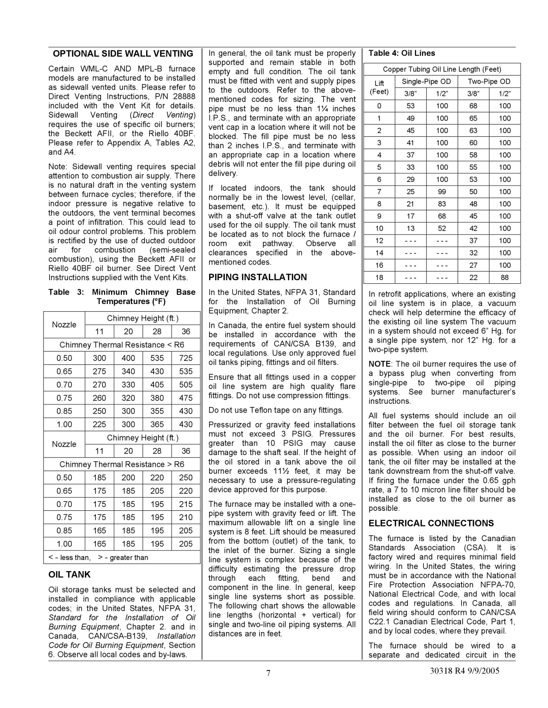 Field Controls MPL-B, WML-C manual Optional Side Wall Venting, OIL Tank, Piping Installation, Electrical Connections 