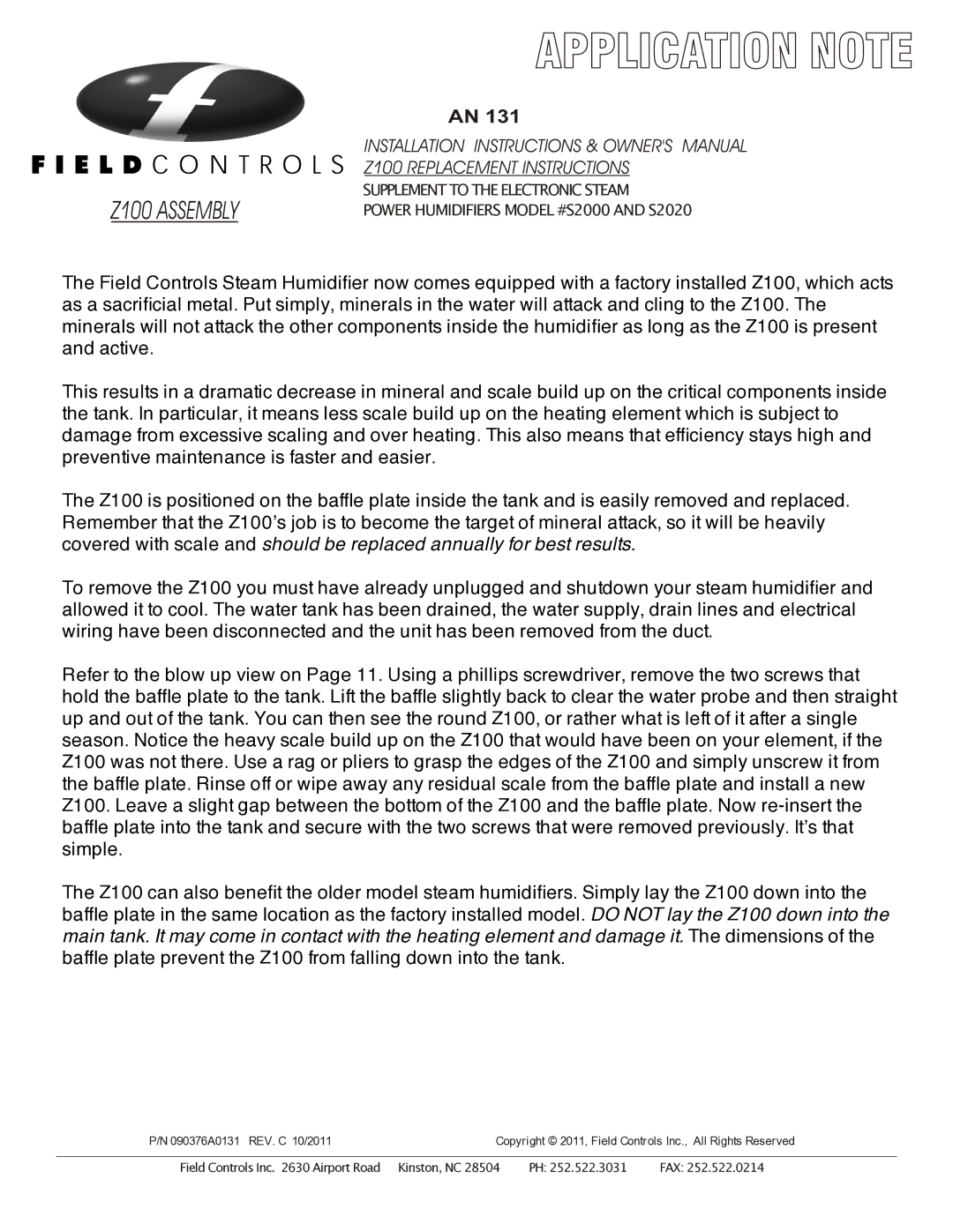 Field Controls z100 installation instructions Z100 Assembly 