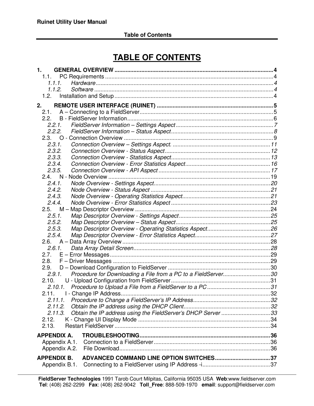 FieldServer 1.1 user manual Table of Contents 