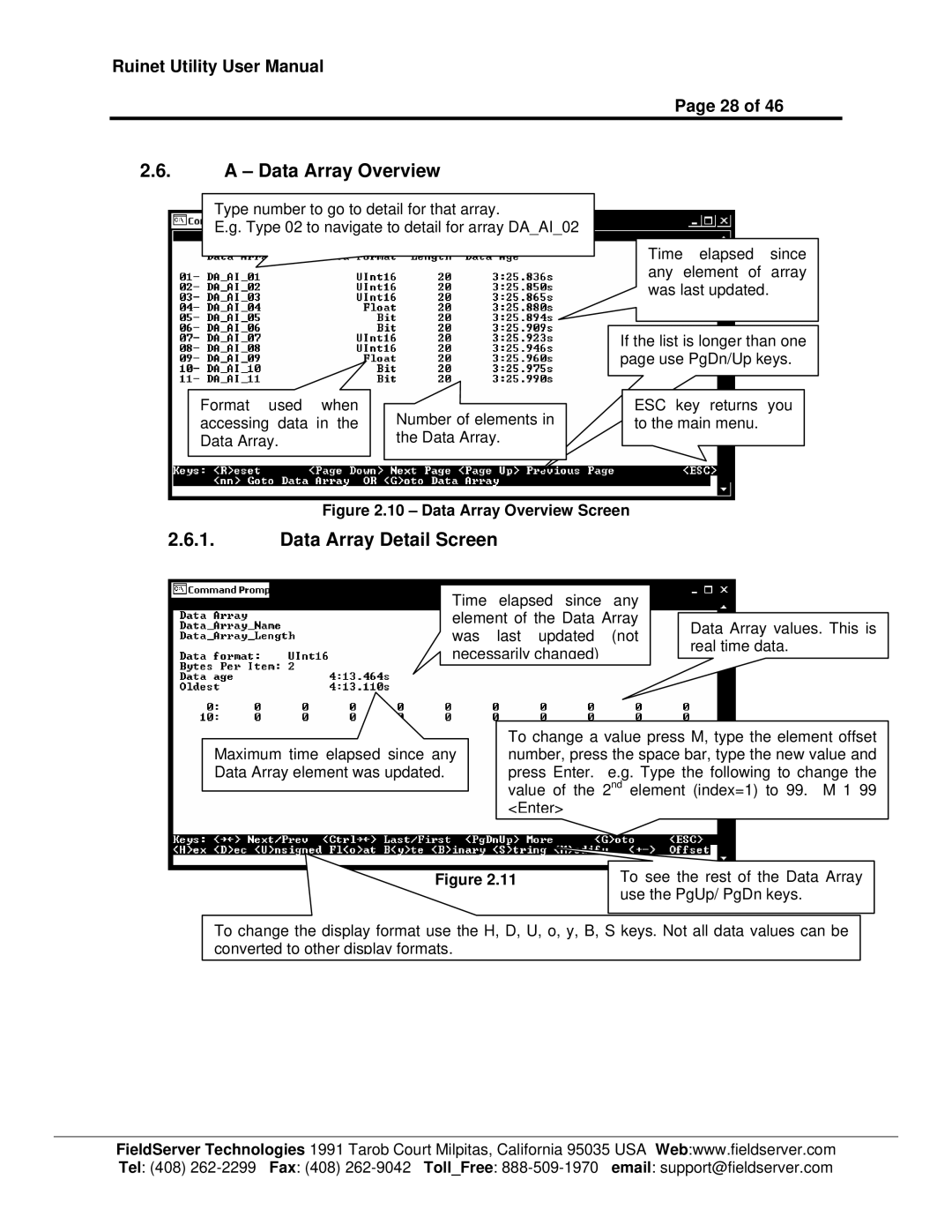 FieldServer 1.1 user manual Data Array Overview, Data Array Detail Screen 