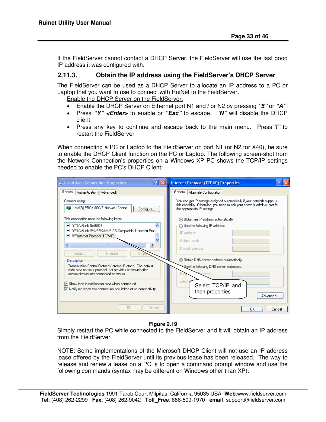 FieldServer 1.1 user manual Obtain the IP address using the FieldServer’s Dhcp Server 