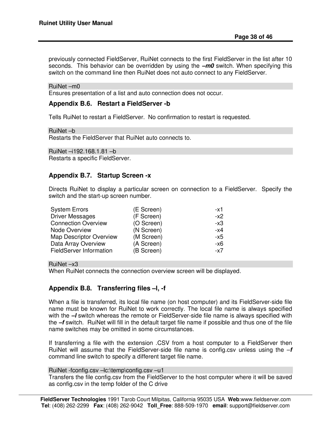 FieldServer 1.1 user manual Appendix B.6. Restart a FieldServer -b, Appendix B.7. Startup Screen 