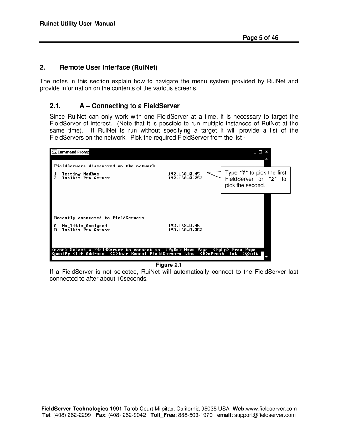 FieldServer 1.1 user manual Remote User Interface RuiNet Connecting to a FieldServer 