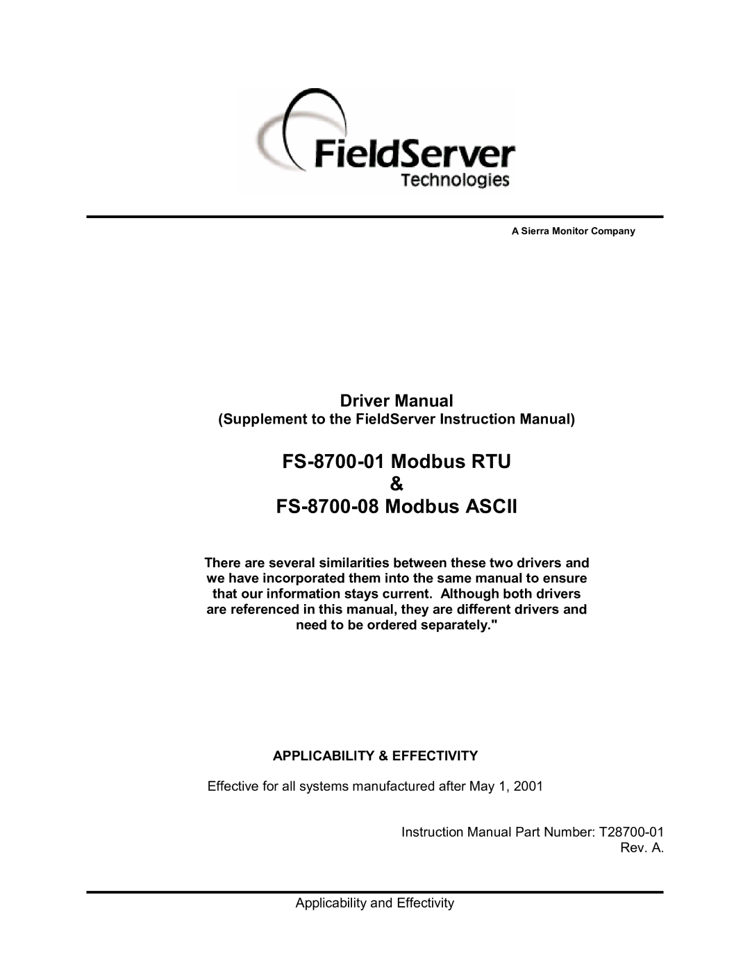 FieldServer instruction manual FS-8700-01 Modbus RTU FS-8700-08 Modbus Ascii 