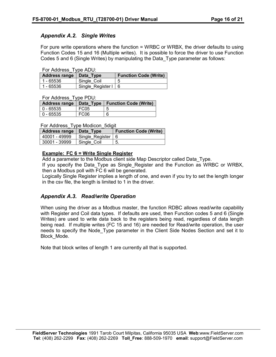 FieldServer FS-8700-01, FS-8700-08 instruction manual Appendix A.2. Single Writes, Appendix A.3. Read/write Operation 