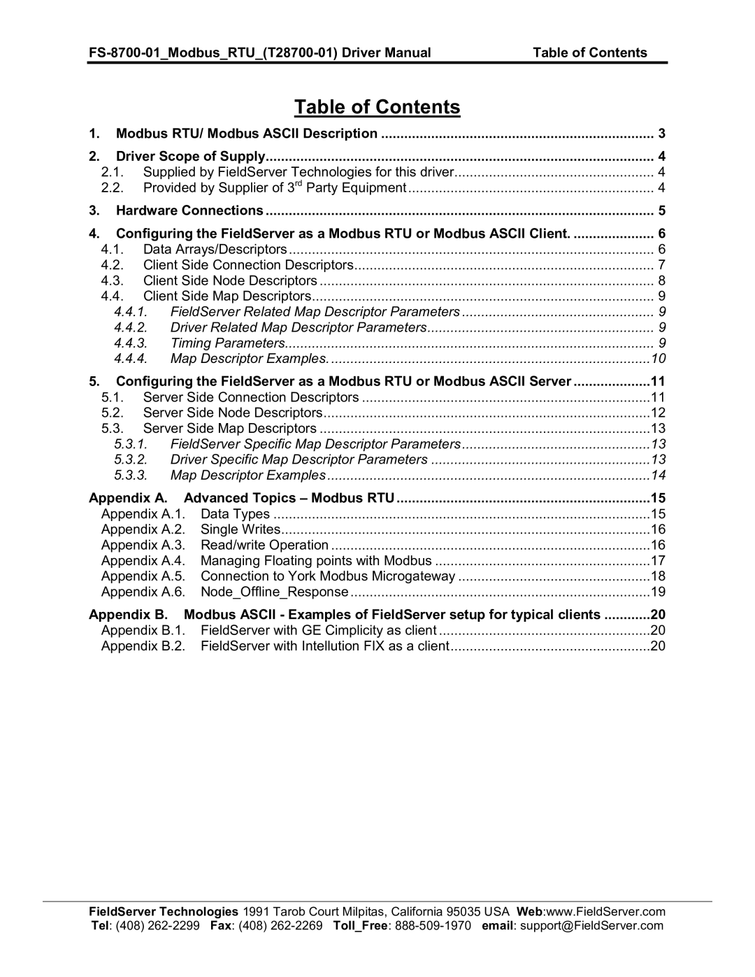 FieldServer FS-8700-01, FS-8700-08 instruction manual Table of Contents 