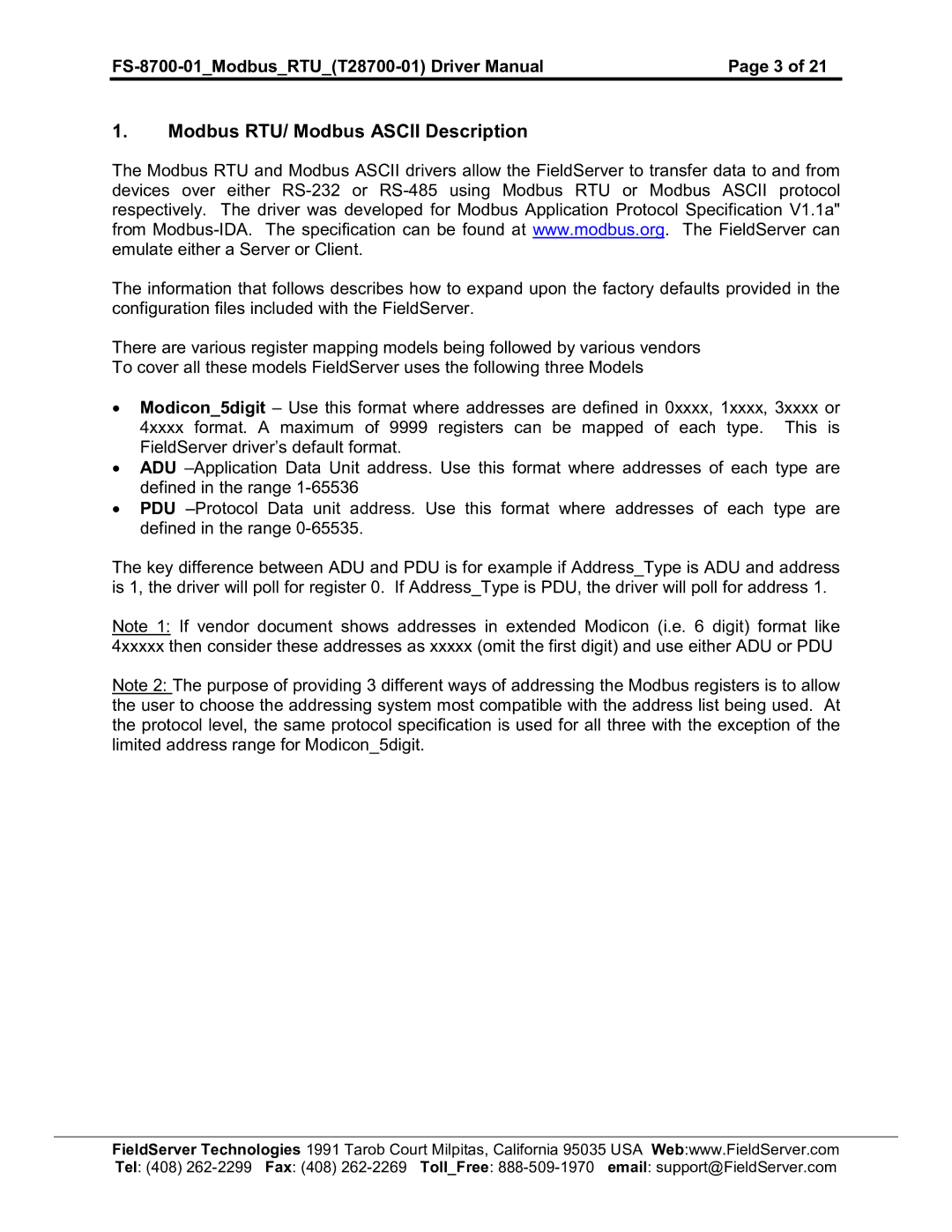 FieldServer FS-8700-08, FS-8700-01 instruction manual Modbus RTU/ Modbus Ascii Description 