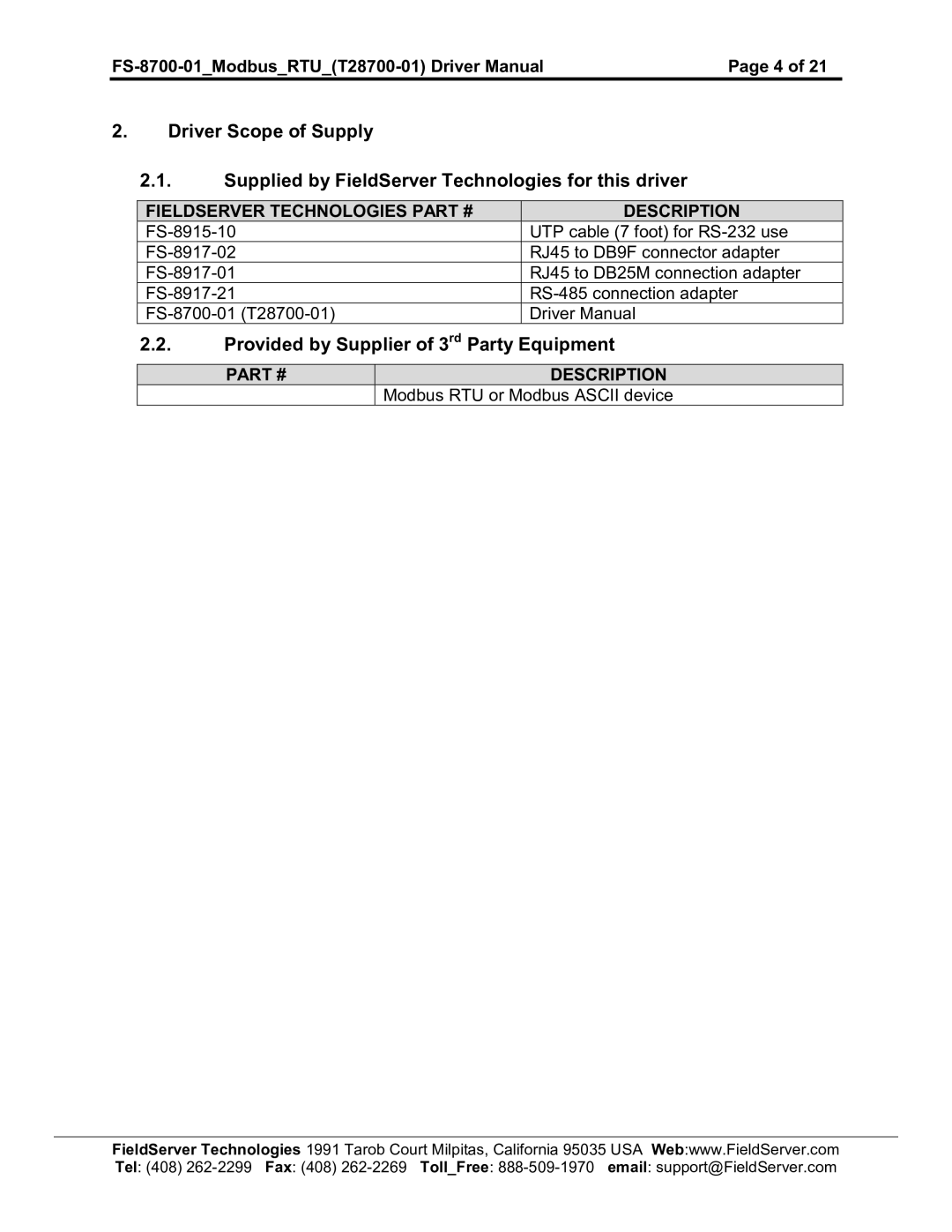 FieldServer FS-8700-01, FS-8700-08 Provided by Supplier of 3 rd Party Equipment, Fieldserver Technologies Description 