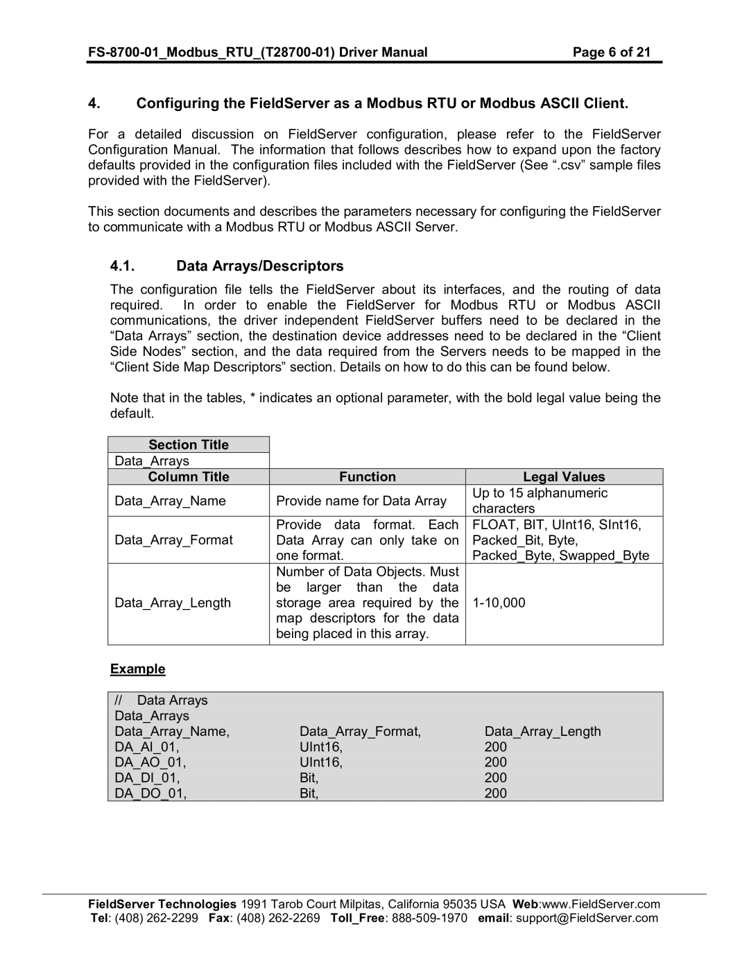 FieldServer FS-8700-01, FS-8700-08 instruction manual Data Arrays/Descriptors 