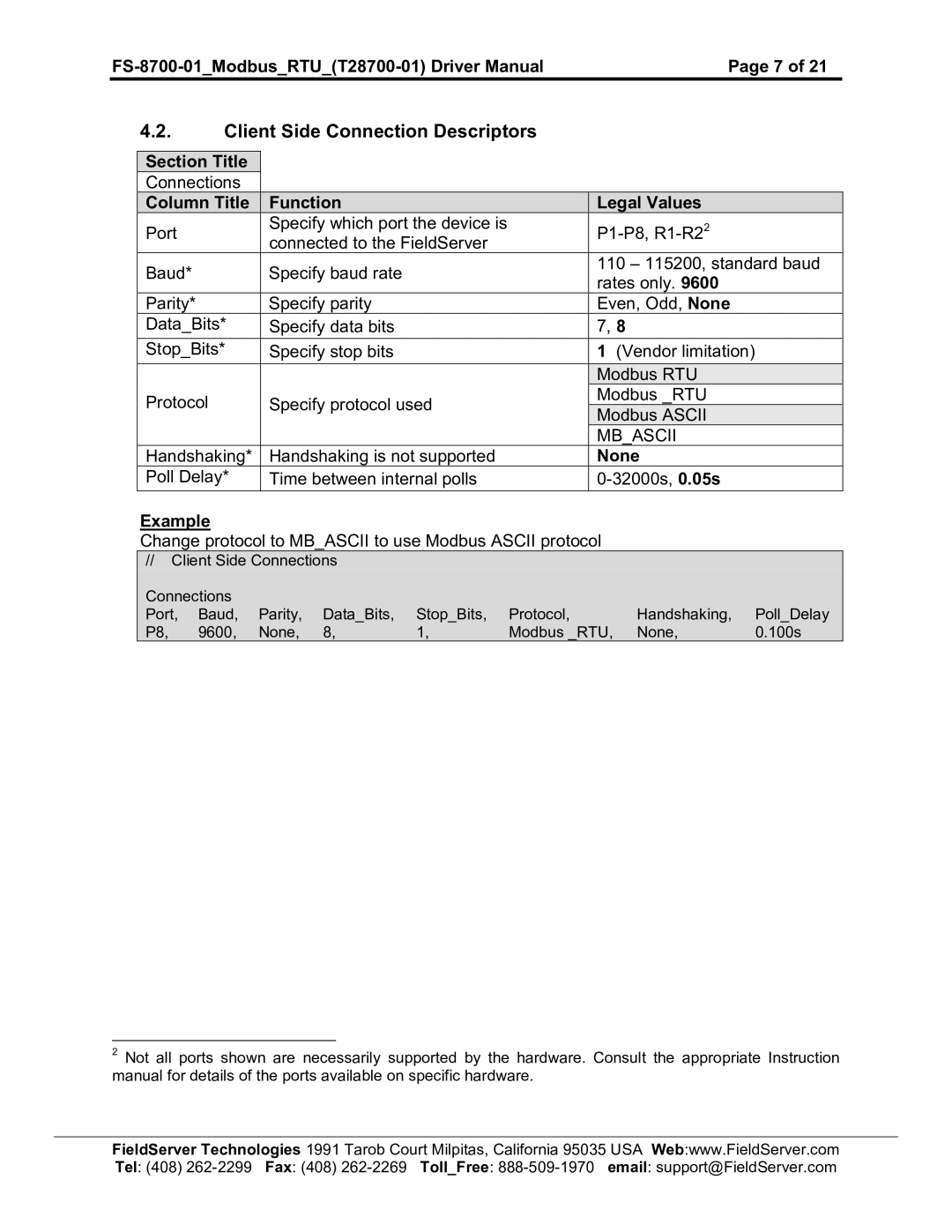 FieldServer FS-8700-08, FS-8700-01 instruction manual Client Side Connection Descriptors, Mbascii 