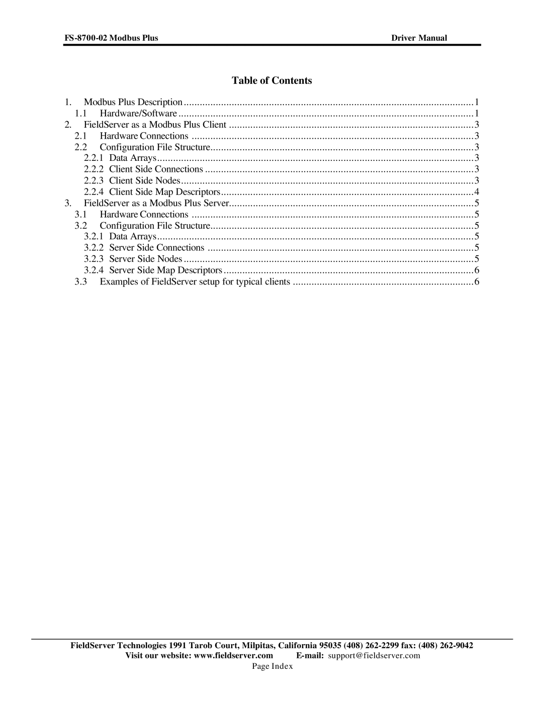 FieldServer FS-8700-02 instruction manual Table of Contents 