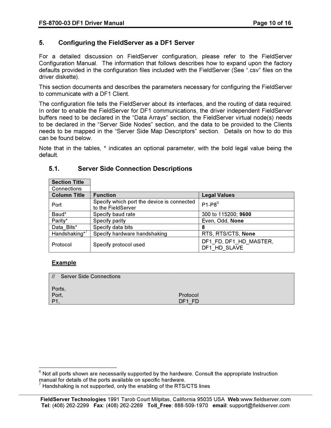 FieldServer FS-8700-03 DF1 Configuring the FieldServer as a DF1 Server, Server Side Connection Descriptions 