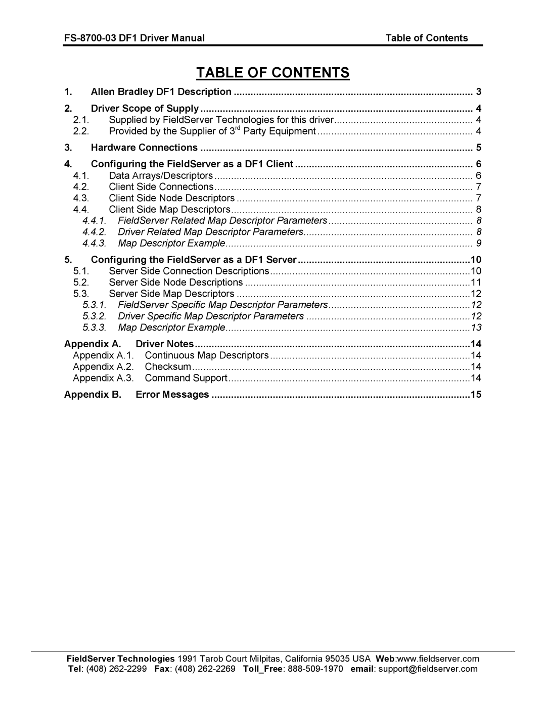 FieldServer FS-8700-03 DF1 instruction manual Table of Contents 