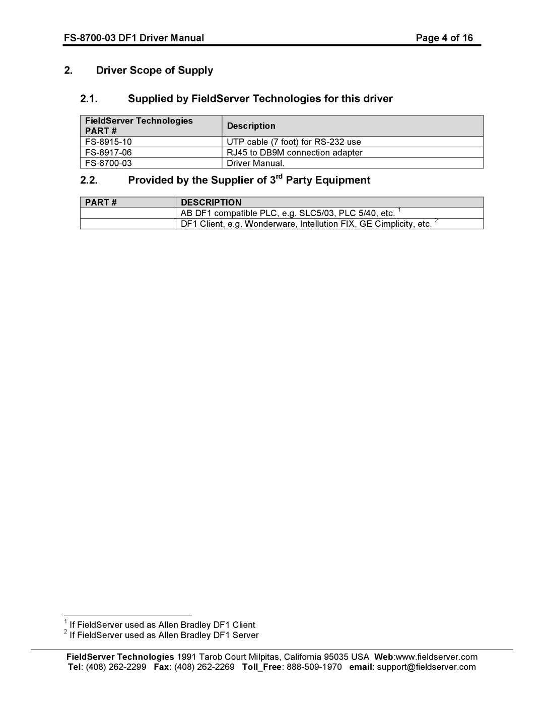 FieldServer FS-8700-03 DF1 instruction manual Provided by the Supplier of 3rd Party Equipment, Description 