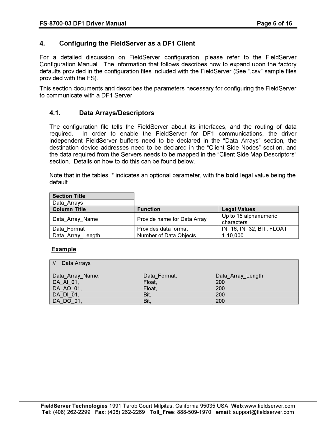 FieldServer FS-8700-03 DF1 instruction manual Configuring the FieldServer as a DF1 Client, Data Arrays/Descriptors 