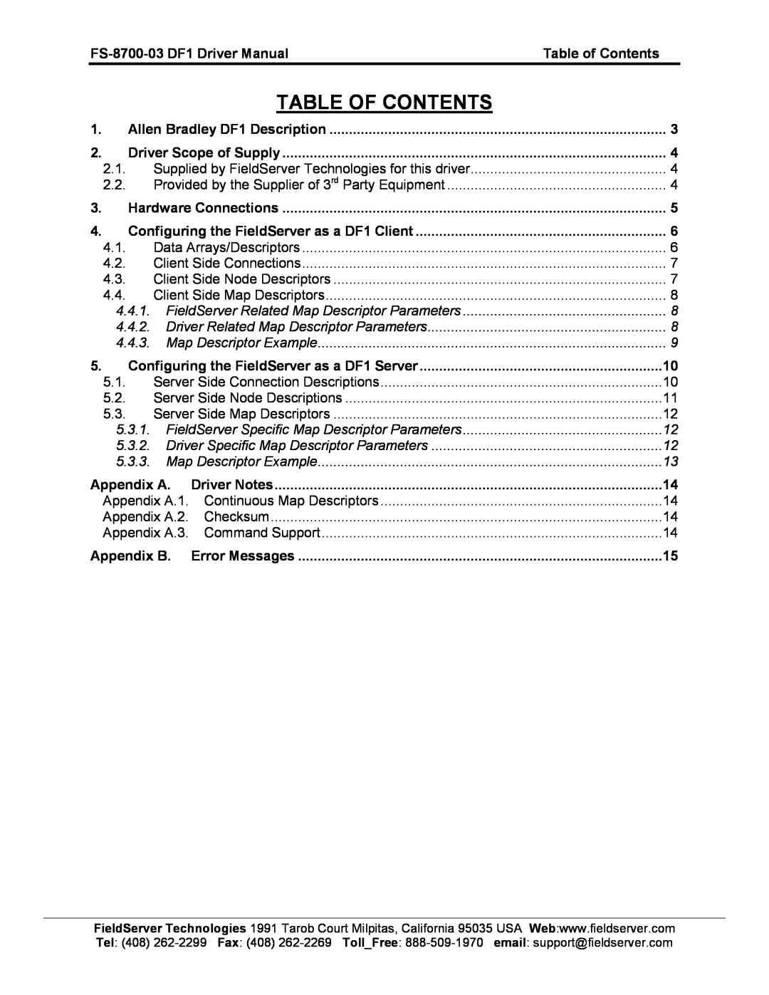 FieldServer FS-8700-03 DF1 instruction manual Table Of Contents 